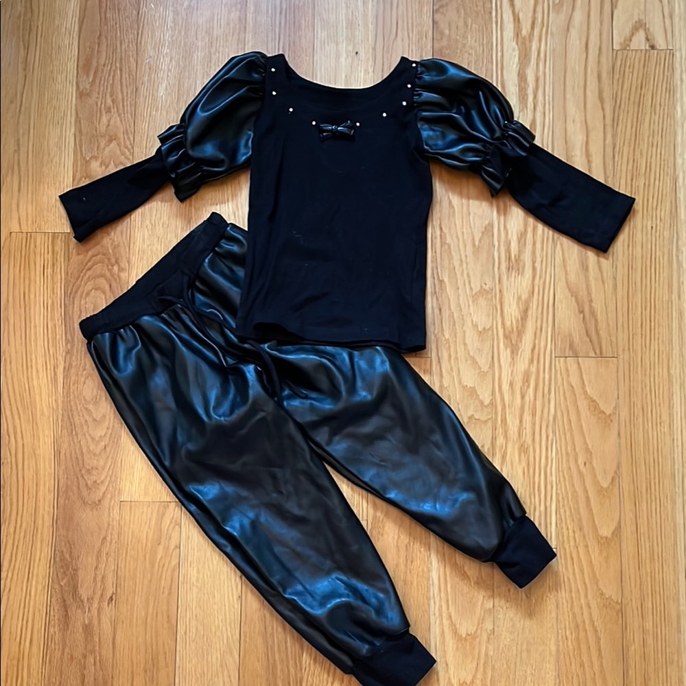 Ooh! La,La! Couture Black Pleather Puff Sleeve Top and Pleather Jogger Set